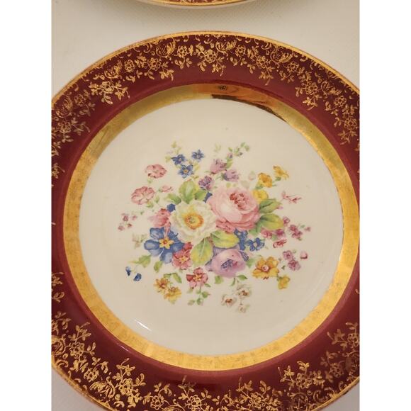 PLATES-BREAD-BUTTER-CENTURY BY SALEM-23K Gold Encrusted-Burgundy-Floral-Set of 4 - Picture 3 of 16